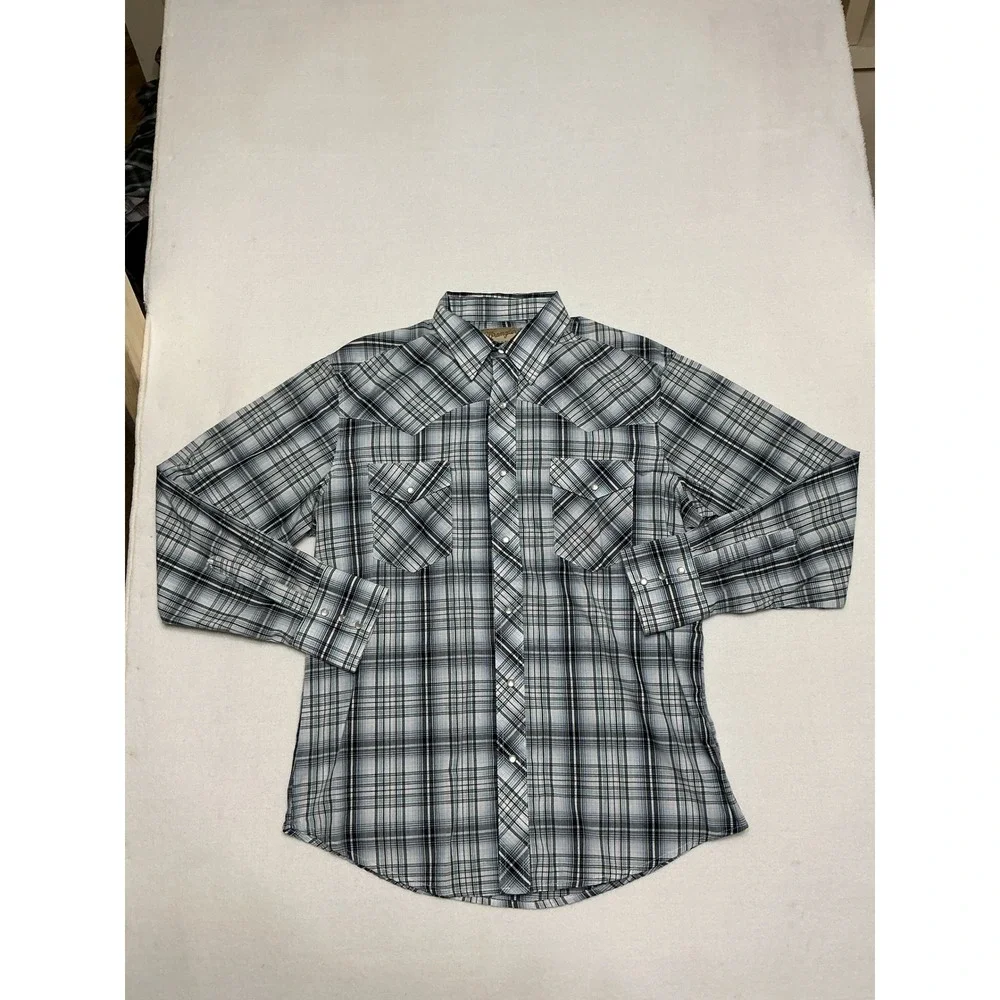 Wrangler Mens Large Western Pearl Snap Shirt Plaid Gray Black Long Sleeve Cowboy